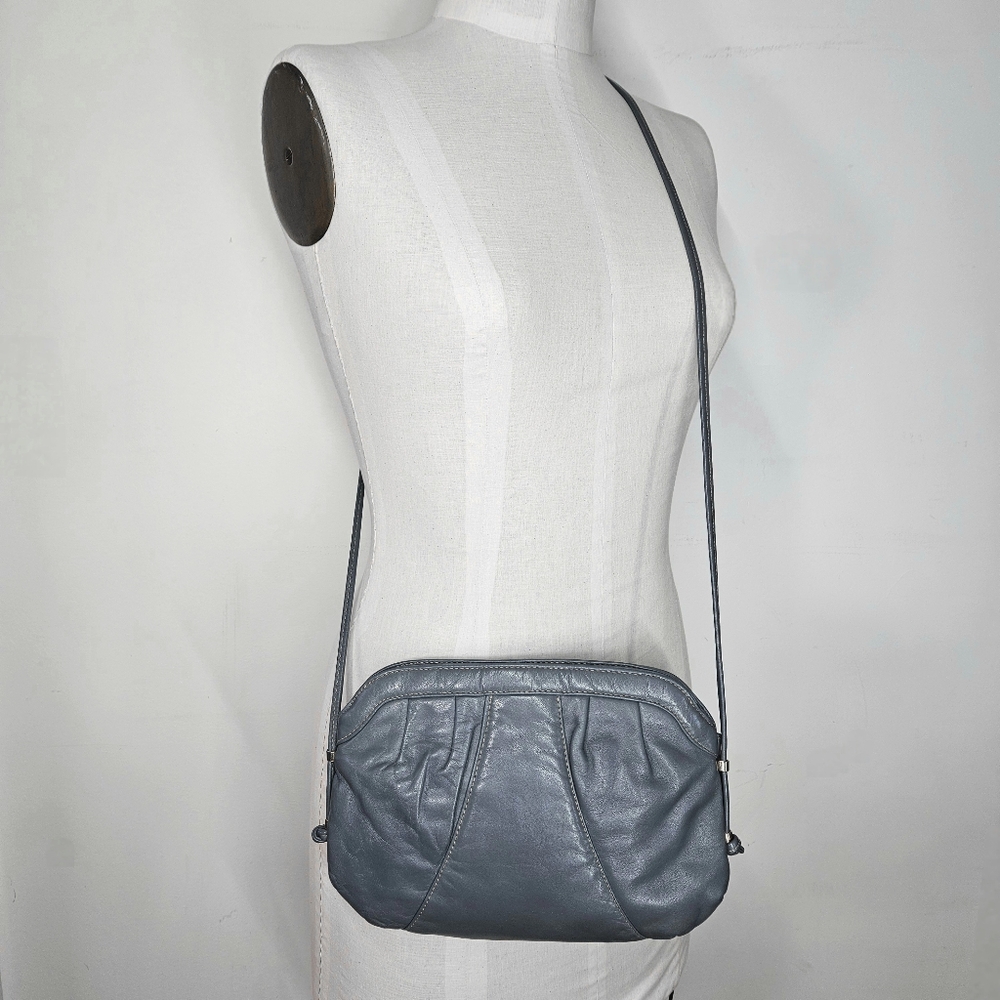 Crossbody 11x7.5" Bag Vintage Leather Blue Grey Purse Zipper Pleated Lined
